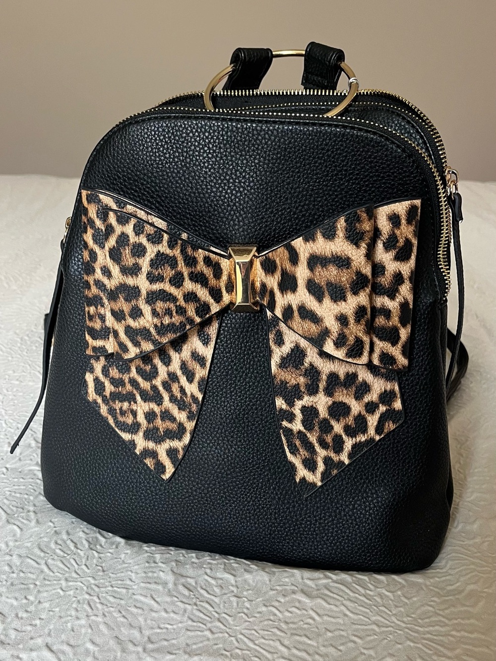 Black Women’s Backpack Purse with Leopard Bow Accent